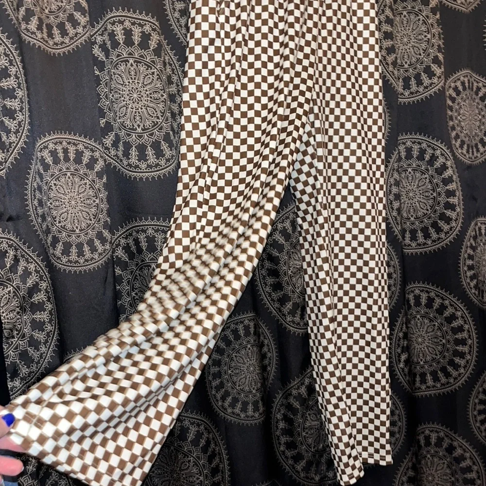 High-Rise Brown Checkerboard Wide-Leg Pants - Picture 1 of 5
